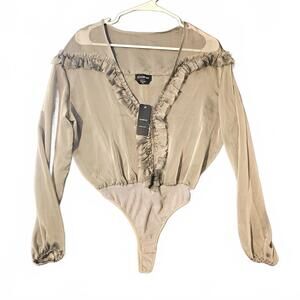 NEW Bebe XXS Ruffle Plunge Bodysuit Sexy Long Sleeve Thong See Through Coquette